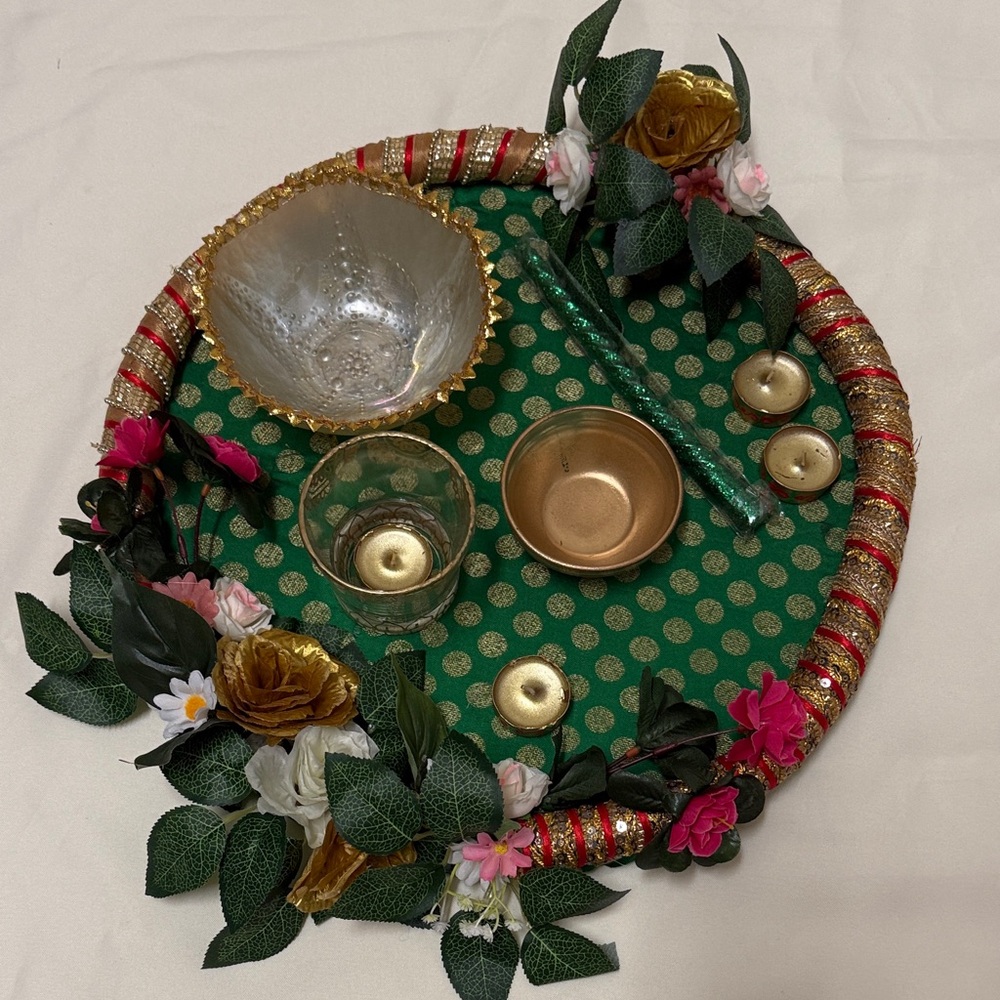 Pakistani Indian Decorative Green and Gold Floral Mehindi & Pooja Thali #757